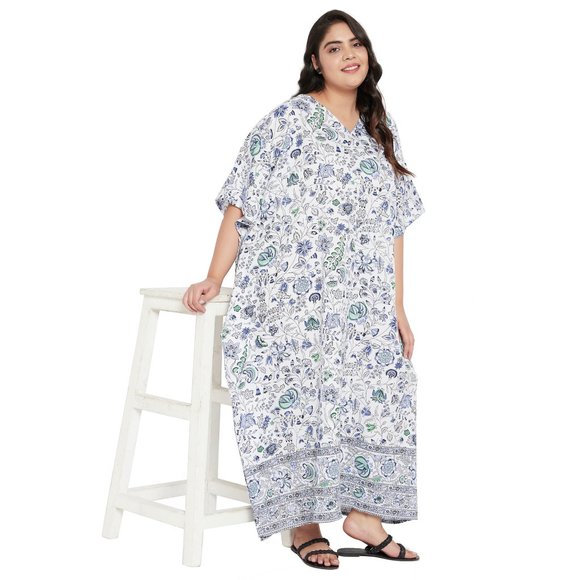 Women Plus Size Fit and Flare Floral Printed White Kaftan Dress by Gypsie Blu - Picture 3 of 9